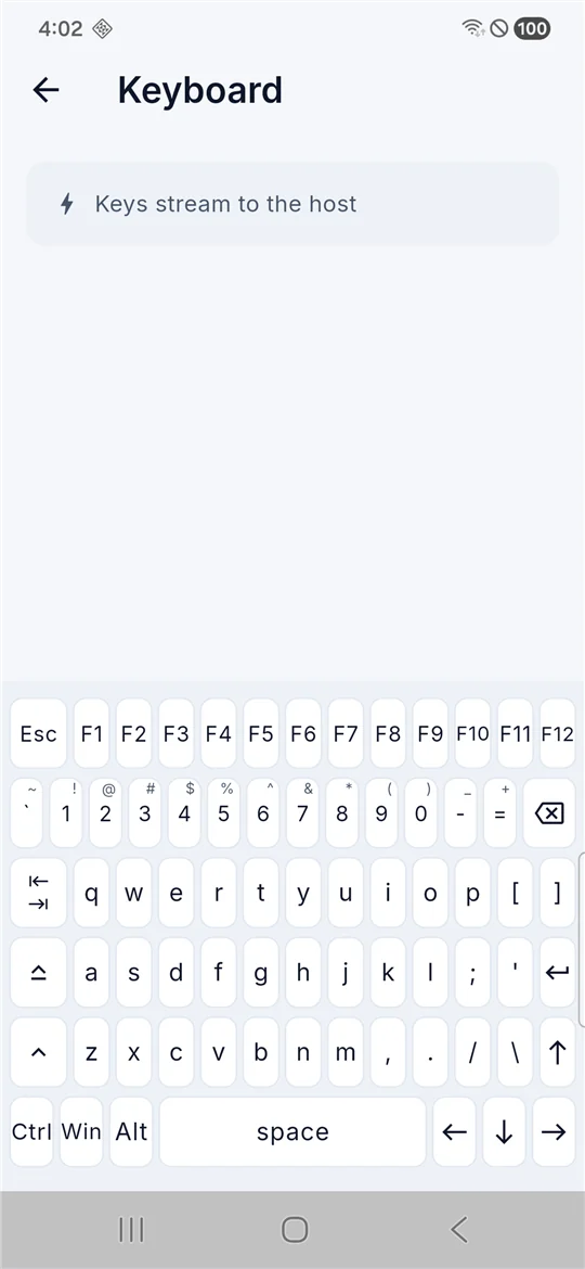 Padly's full keyboard screen with F1 to F12 row, number row with symbols, modifier keys, and arrow keys