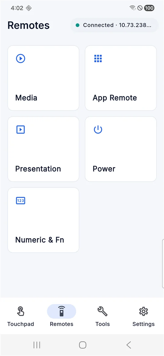 Padly's remotes screen with Media, App Remote, Presentation, Power, and Numeric remotes