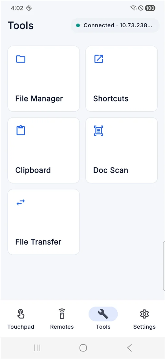 Padly's tools screen with File Manager, Shortcuts, Clipboard, Doc Scan, and File Transfer