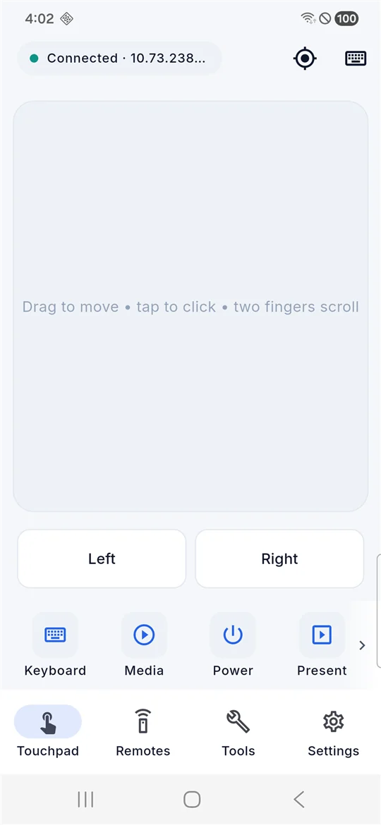 Padly's trackpad screen, connected to a PC: a large touch surface with left and right click buttons and quick actions for keyboard, media, power, and presenting